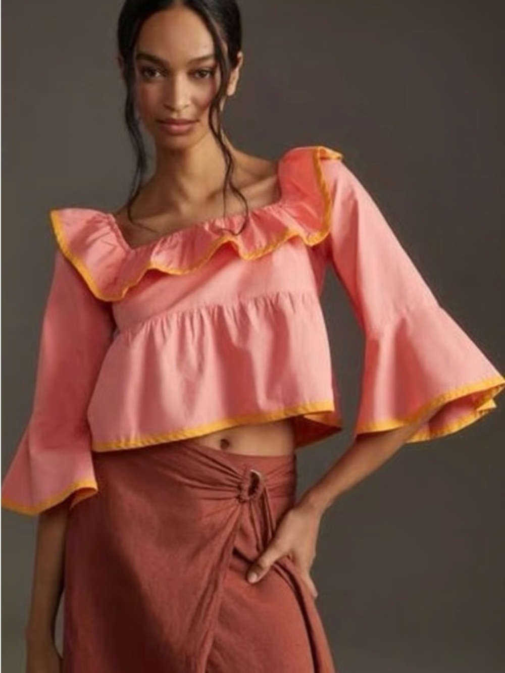 Anthropologie Pink Ruffle Off-Shoulder Crop Top with Orange Trim